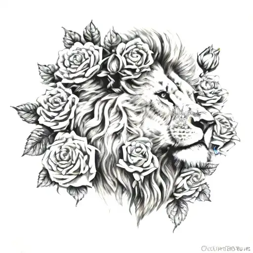 A Lion Face Surrounded By Roses