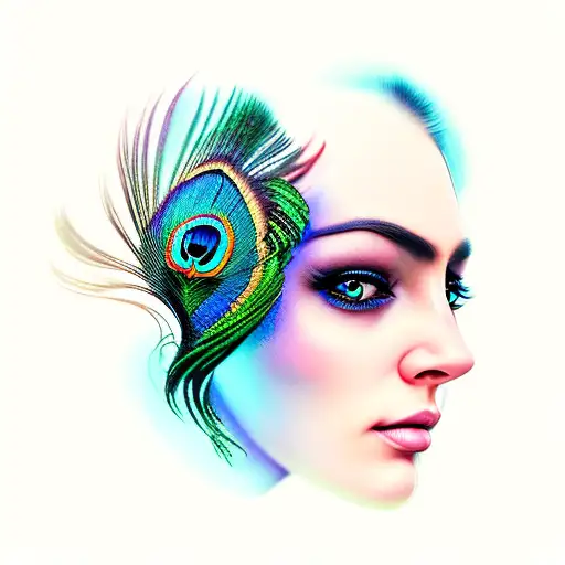 Half Woman's Face And Peacock