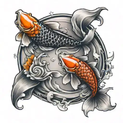 Realistic 2 Koi Fish In A Yin Yang Circle Shape Surrounded By 4 Stars