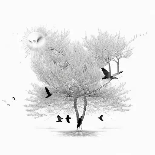 Trees With Birds Flying And The Sun