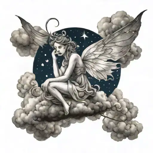Fairy Sitting On A Cloud Looking At The Night Sky