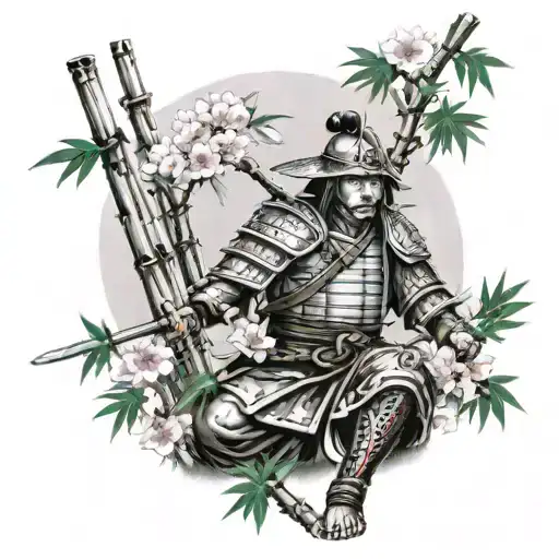 Japanese Warrior Surrounded By Bamboo With A Cherry Blossom Tree In The Background