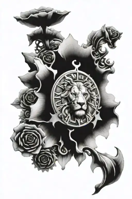 Lion Clock Gears Forming Rose Surrounded