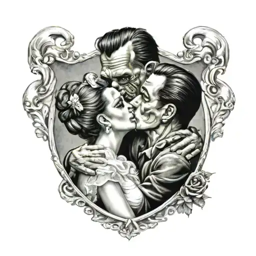 Halloween Sleeve With Frankenstein And Bride Kissing