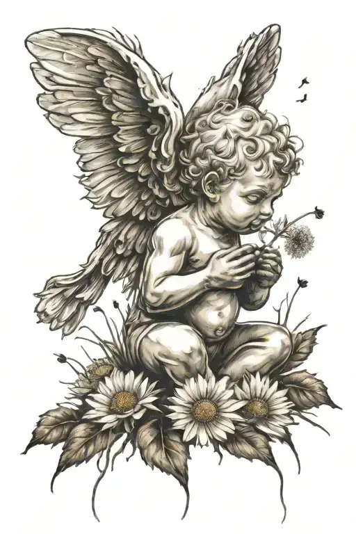 Cute Cherub Holding A Dandelion Flower Sitting In A Field Of Flowers