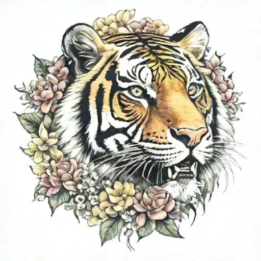 Colorful Tiger With Flowers