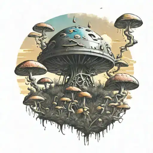 An Alien Spaceship Abducting A Group Of Hippies In A Field Of Psychedelic Mushrooms