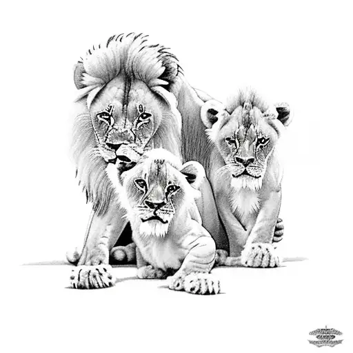 Lion With 3 Baby Cubs