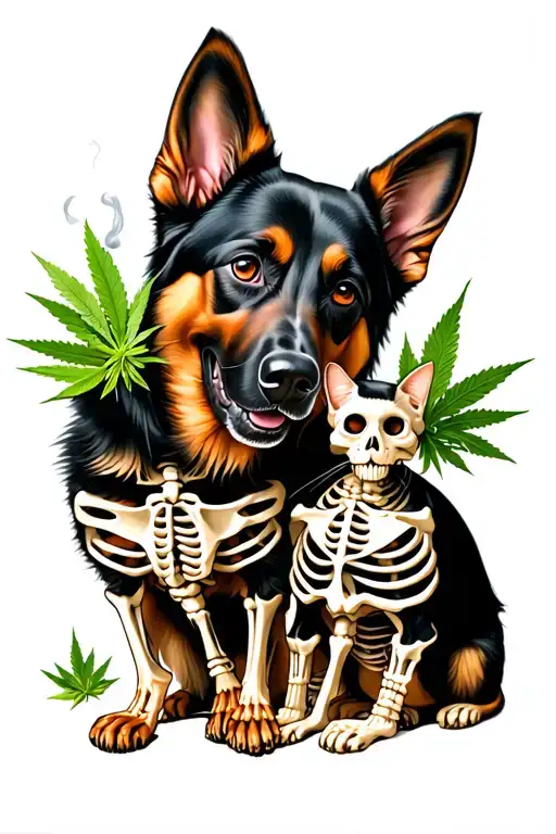 German Shepherd And Cat Posing Skeletons Smoking Weed