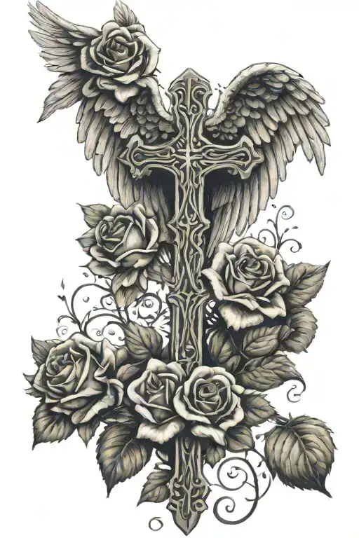 Cross With Roses And Angel Wings