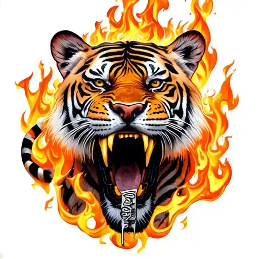 Tiger Engulfed In Flames With A Libra Scale Hanging From Mouth