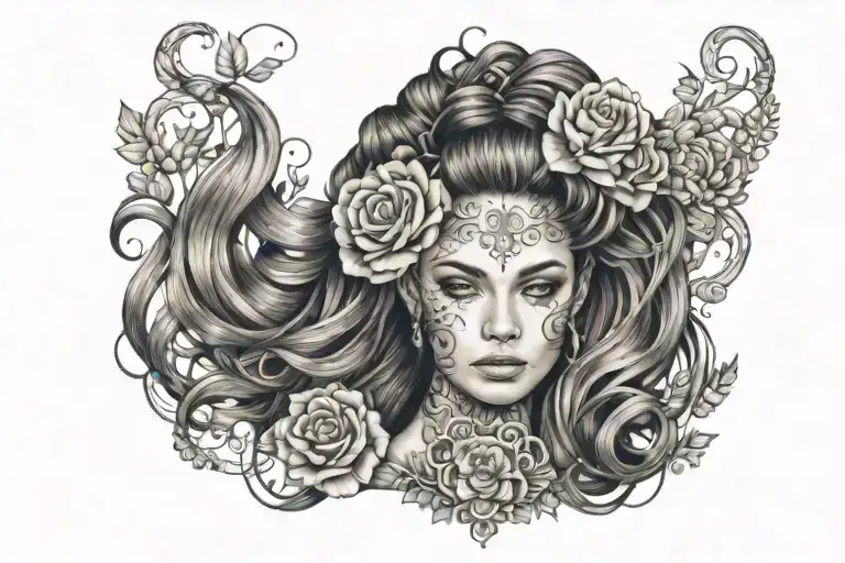 A Portrait Of A Woman With Intricate Floral Patterns Intertwining With Her Hair