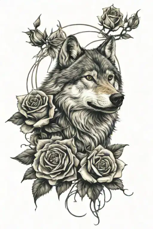 Wolf With Roses Intertwined