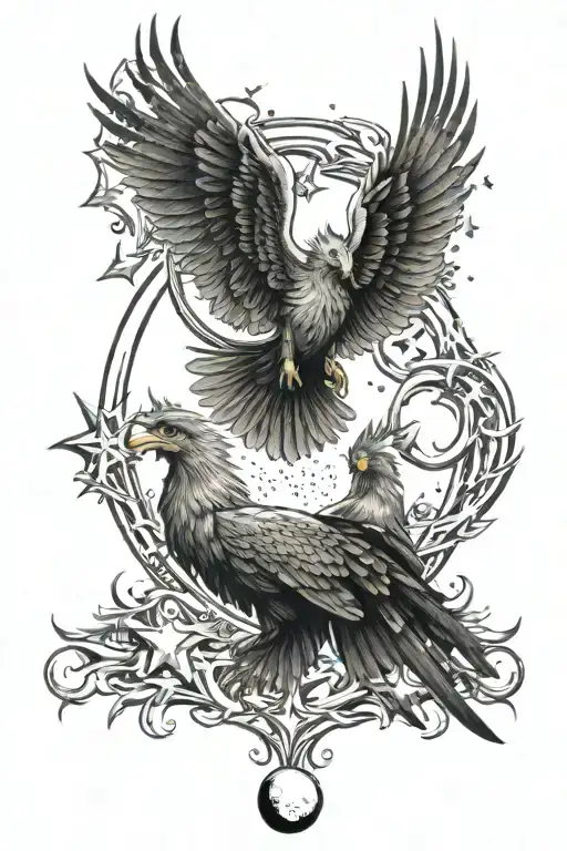 Moon Surrounding Three Stars And A Phoenix Rising