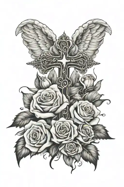 Cross With Roses And Angel Wings Spread Wide