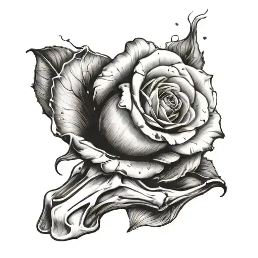 Realistic Bone Hand Holding A Dying Rose With Petals Falling