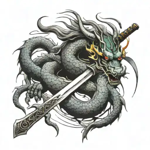 A Samurai Sword Going Vertically Killing A Chinese Dragon Wrapping Up A Leg