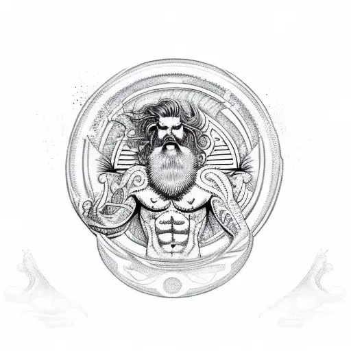 An Intricate Blackwork Design Of Poseidon Djing On A Boat With Waves And A Sunset In The Background