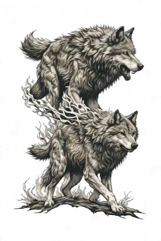 Rolling Burning Hills With 1 Growling Older Wolf Carrying A Younger Injured Wolf From The Flames