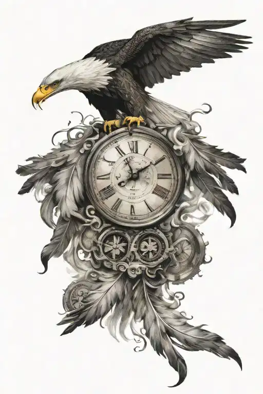 Eagle Flying With Smoke And A Clock With Feathers Falling