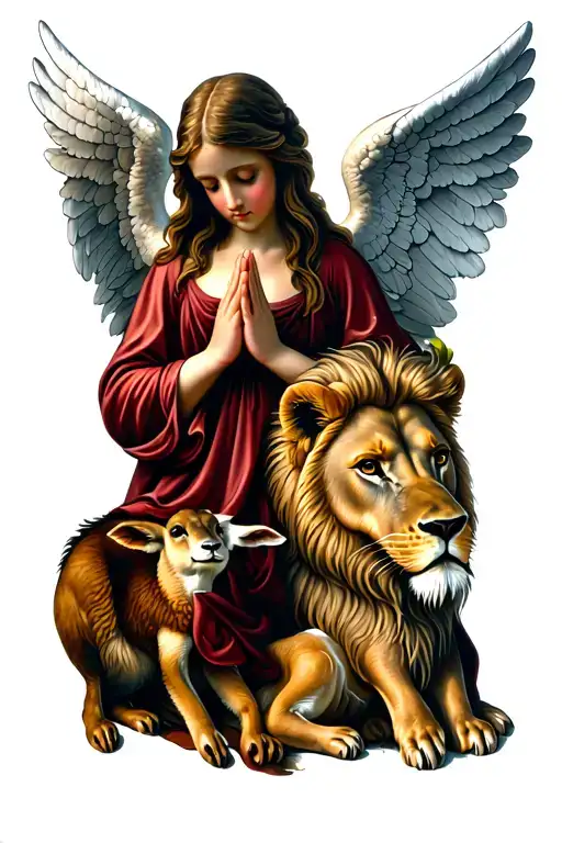 Praying Angel With Lion And Lamb