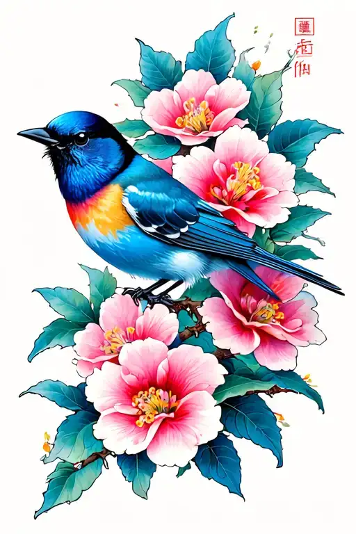 Japanese Cherry Flower And Midnight Blue Bird