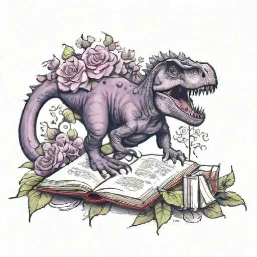 A Realistic Depiction Of A Dinosaur Reading A Book Surrounded By A Garden Of Purple Roses