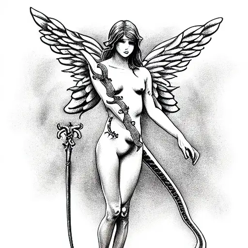 Nude Angel With Sword Fight With Big Snake