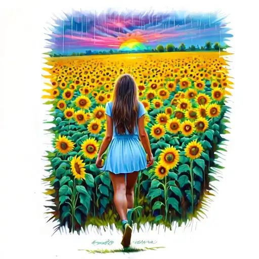 Sunflower Field Sunset Rainbow Back Of Girl Walking Raining Colored Rain