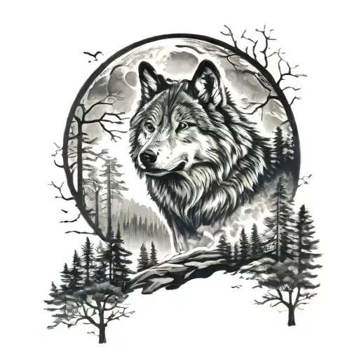Wolf Moon And Forest Scene