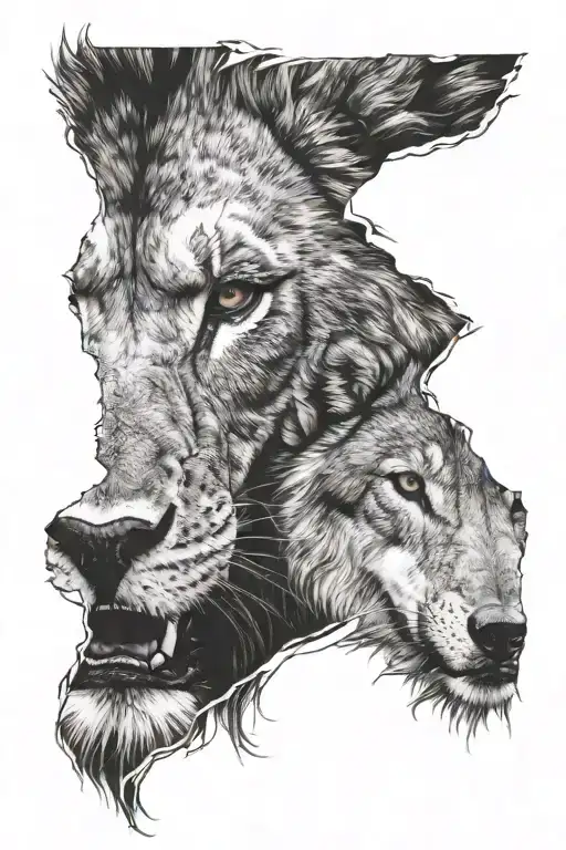Half Face Of A Lion And Half Face Of A Wolf Attached Together