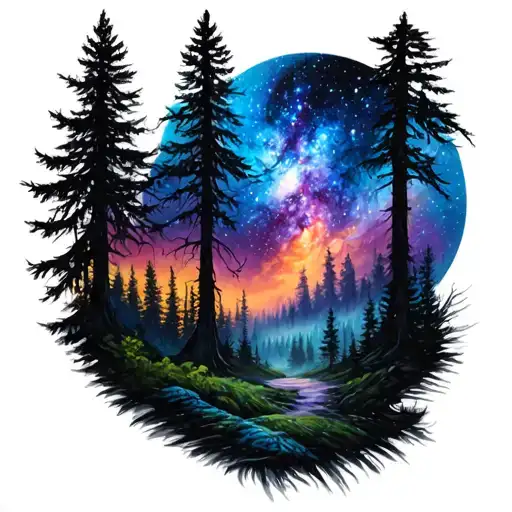 Full Sleeve Tattoo Design With A Forest And A Galaxy