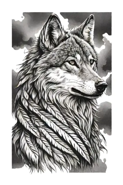 Tattoo Of A Howling Wolf With Feathers On Its Fur