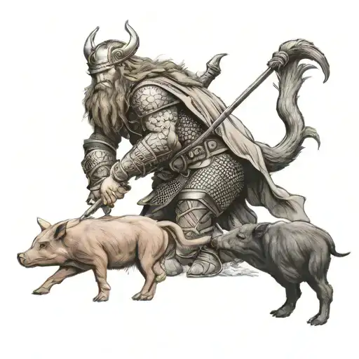 Viking Warrior Protecting Pig And Kangaroo