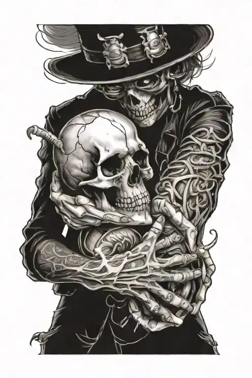 A Creely Skull Guy Holding A Human Heart In His Hand