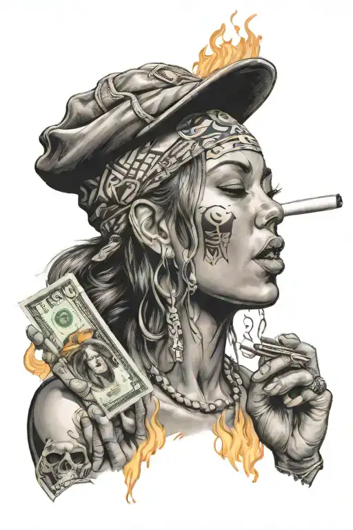 Chicana In A Cap Smoking With A Dollar In His Hand On Fire