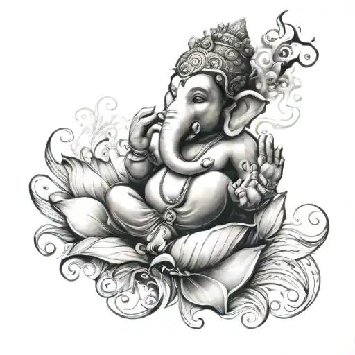 Ganesha Tattoo In A Smoke Style Emerging From A Lotus