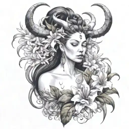 Woman With Horns And Spider Lilies And The Mark Of Lilith On Head