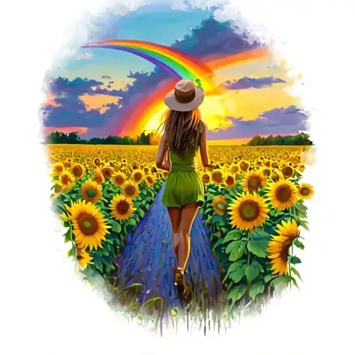 Sunflower Field Sunset Rainbow Back Of Girl Walking