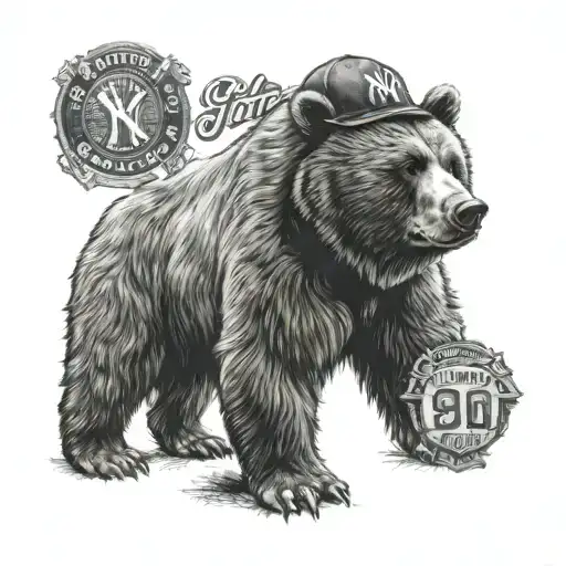 Chicago Bear With A New York Yankees Hat And A New York Knicks Shirt