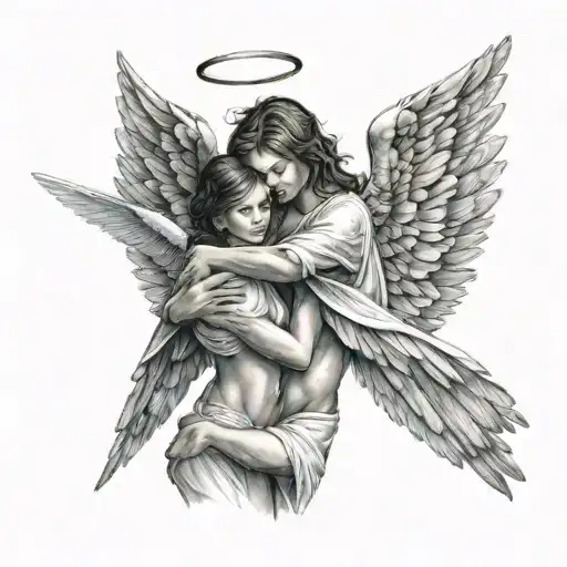 Angel Protects A Girl With His Wings Wrapped Round
