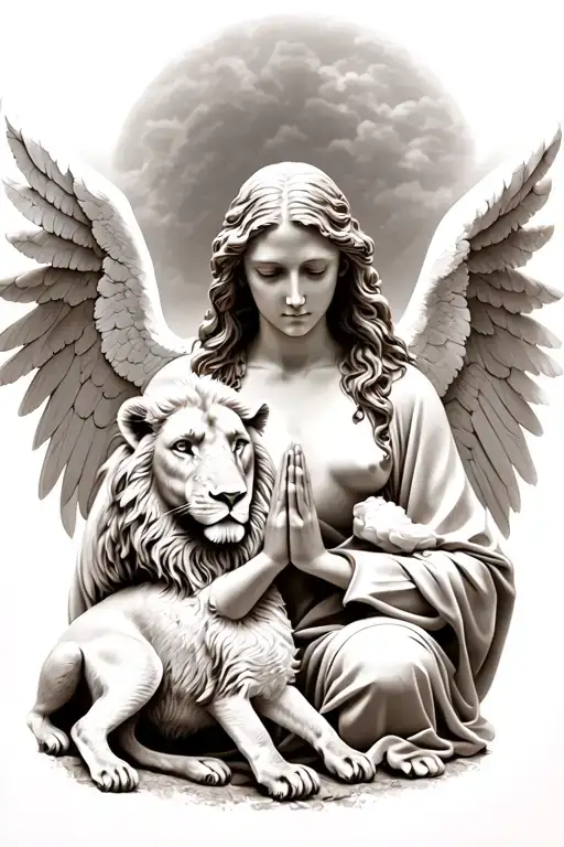 Praying Angel With Lion And Lamb