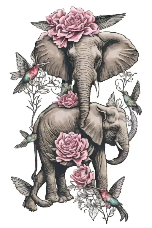 Elephant With Pink Carnations And Hummingbirds