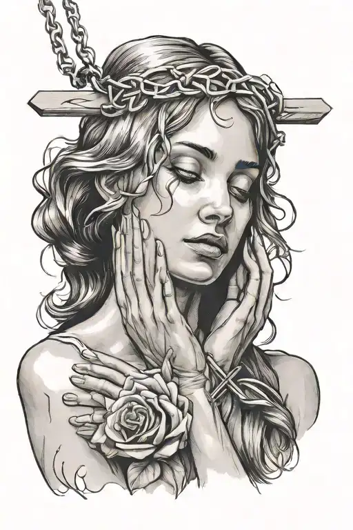 Woman Praying Tattoo While Holding Hands Together With Jesus Cross Necklace Simple