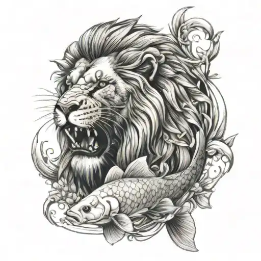 Male Lion Eating A Koi Fish