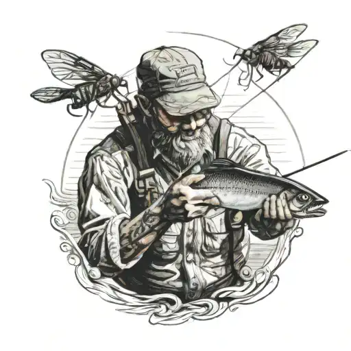 A Realistic Portrait Of A Fly Fisherman Casting A Line With A Fly Rod