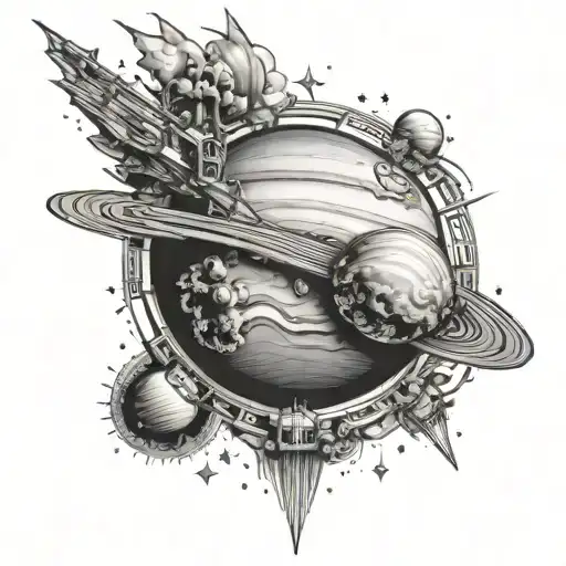 Saturn With Sun Rising Behind And Galaxies And Ships In The Distance