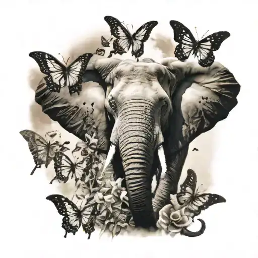 Elephant And Doves And Butterflies Flying Towards The Sun