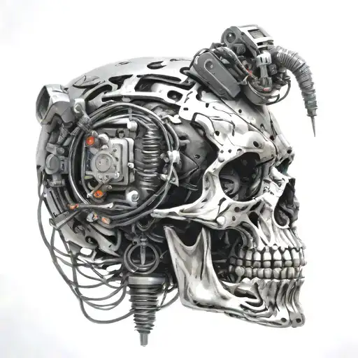 Robotic Skull With Wires Hanging And Black Smoke Coming Off The Skull