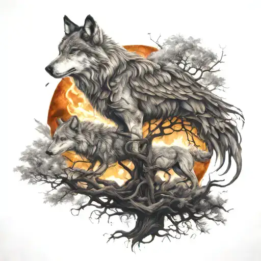 Tree Of Life Wolf Standing And Phoenix Rising From The Ashes